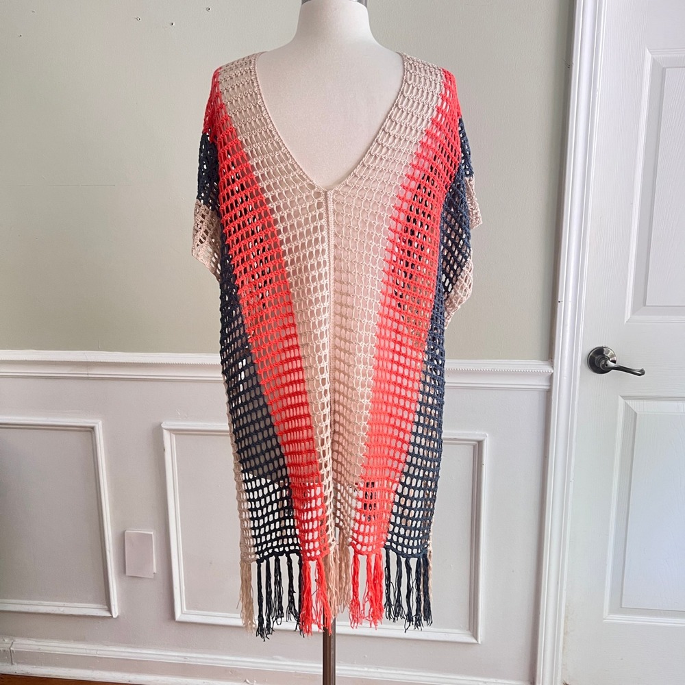 Crochet Poncho Women OS Colorblock Fringe V-Neck Mesh Coverup Multicolor Hippie - Picture 6 of 9